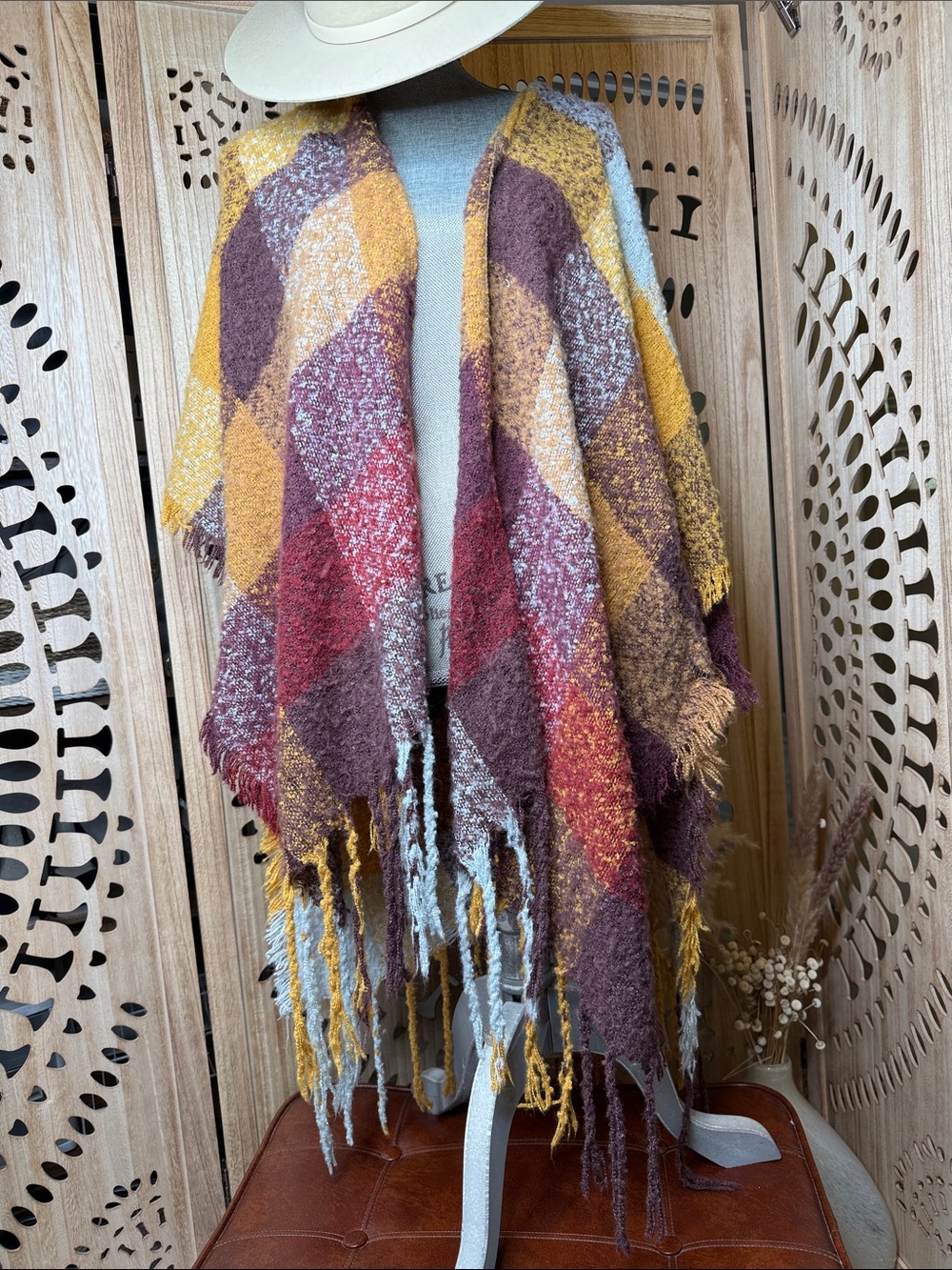 Angie Multi-Color Plaid Fringe Poncho - Mustard, Burgundy, Rust, Gray